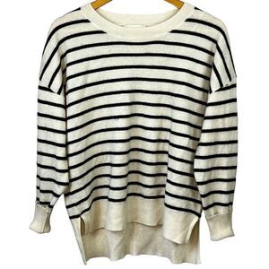 Cynthia Rowley Cream Black Striped 100% 2-Ply Cashmere Crewneck Sweater Size L